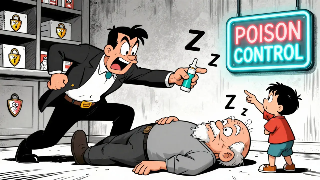 Dad using Narcan on unconscious grandpa as child points to poison control number on wall.