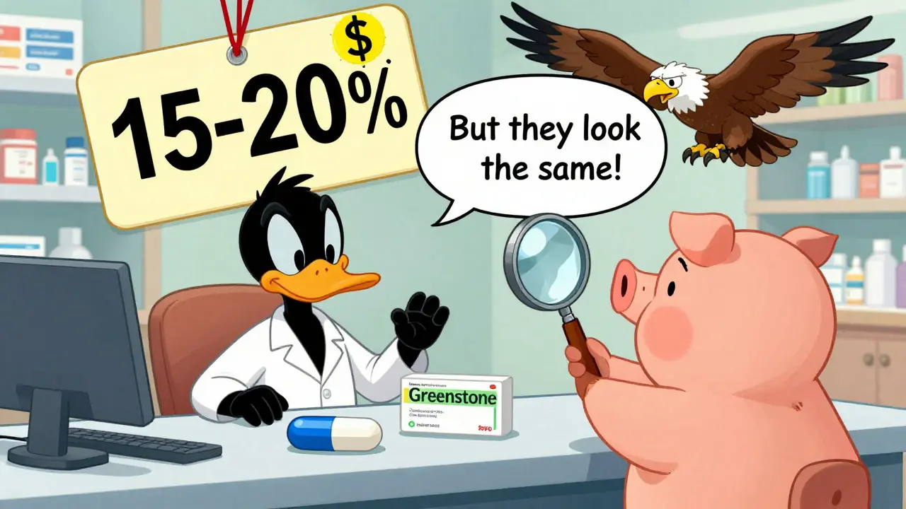 Daffy Duck at a pharmacy counter puzzled by two identical pills, one branded and one plain, with falling price tags.