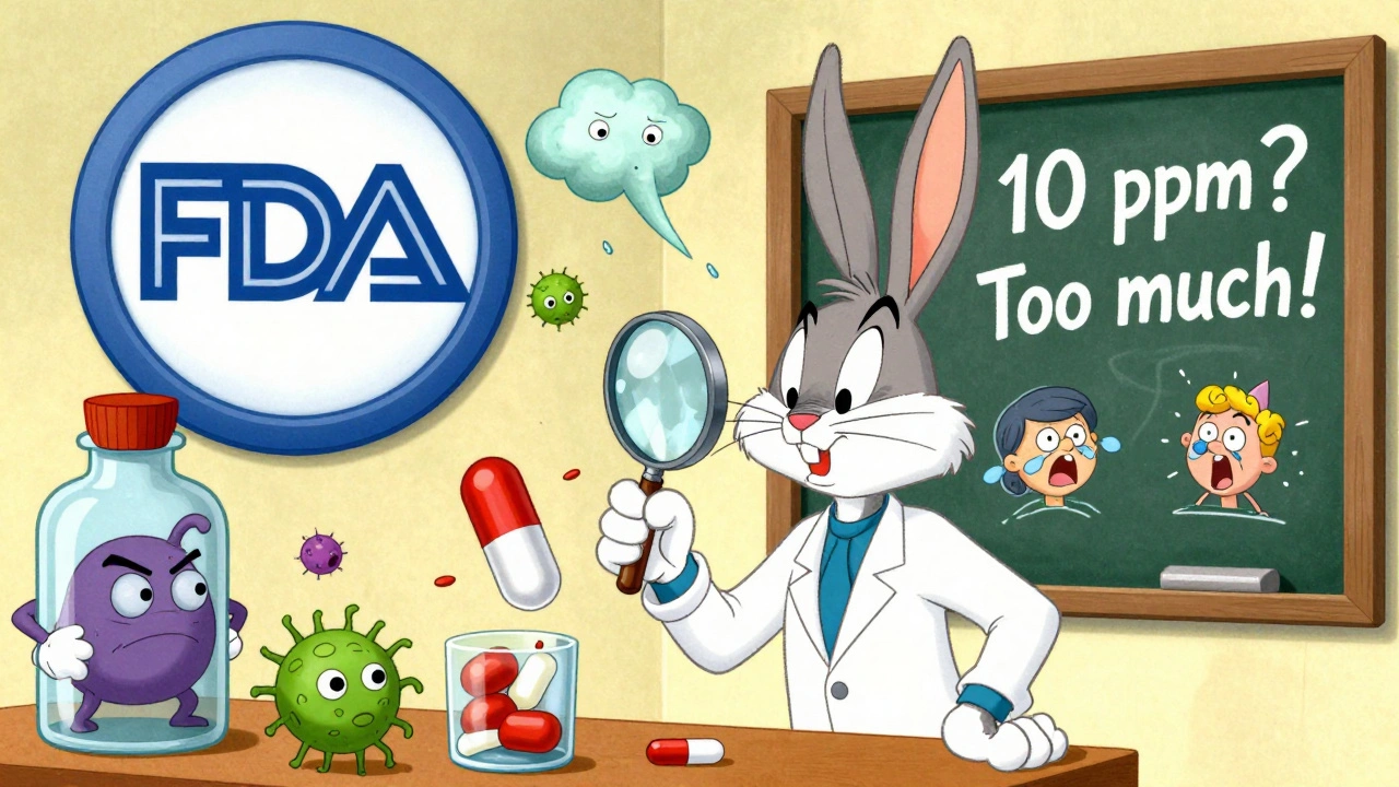 Detective rabbit examining a pill with dancing bacteria and sneaky chemicals in a vibrant cartoon lab.