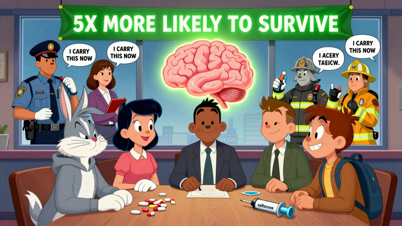 Diverse group with MAT medications, brain icon glows with survival stats, first responders hold naloxone