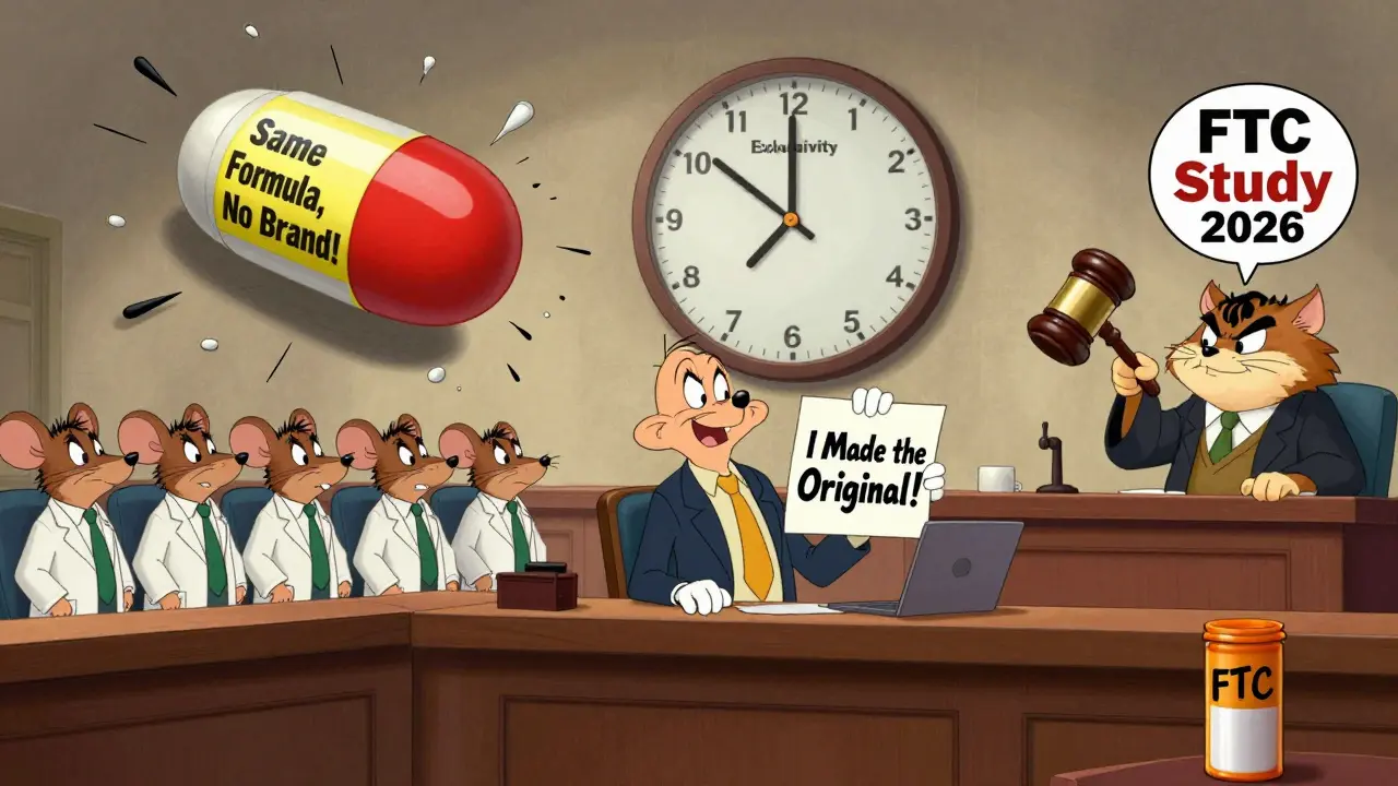 Elmer Fudd on trial as a cartoon pill smashes through the wall, with a ticking clock labeled '180-Day Exclusivity'.