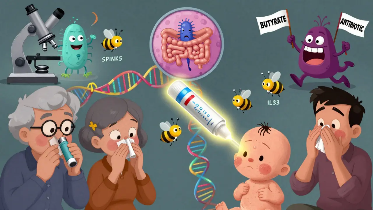Family tree with allergy traits and filaggrin glue fixing skin barrier, in Looney Tunes style