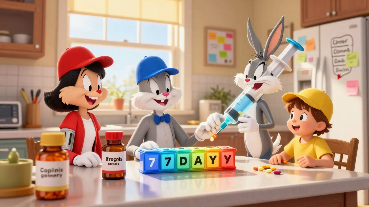 Family using colorful pill organizer with animated syringe handing out doses on kitchen counter.