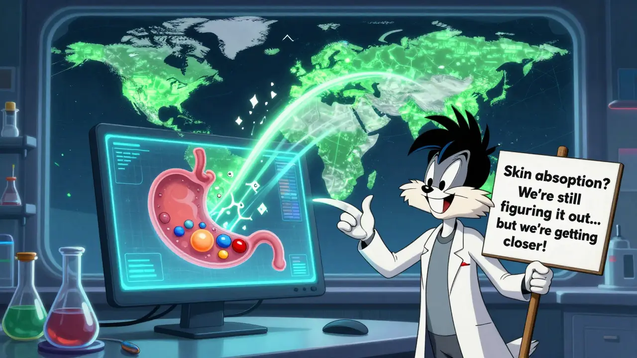 Futuristic lab with AI holograms and global map lighting up as bioequivalence standards spread.