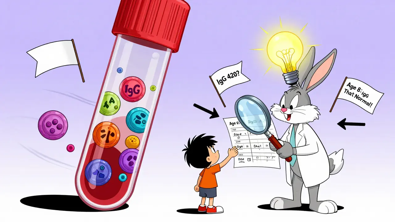 Giant blood test tube with cartoon immune cells and a rabbit comparing age-adjusted normal ranges.