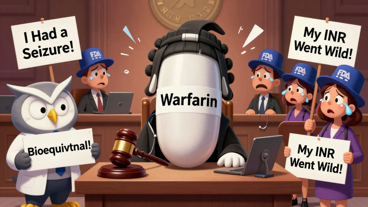 Giant warfarin pill on trial in courtroom with FDA owl vs worried patients holding warning signs