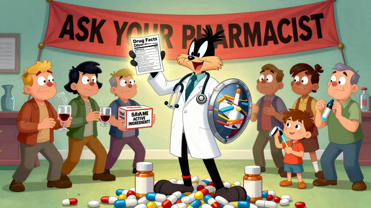 Heroic pharmacist holding up a Drug Facts label as a shield against dangerous meds.