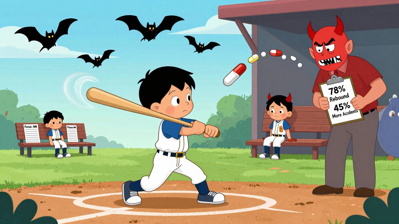 Hyperactive child losing focus during summer break, with chaotic energy vs. calm medicated version.