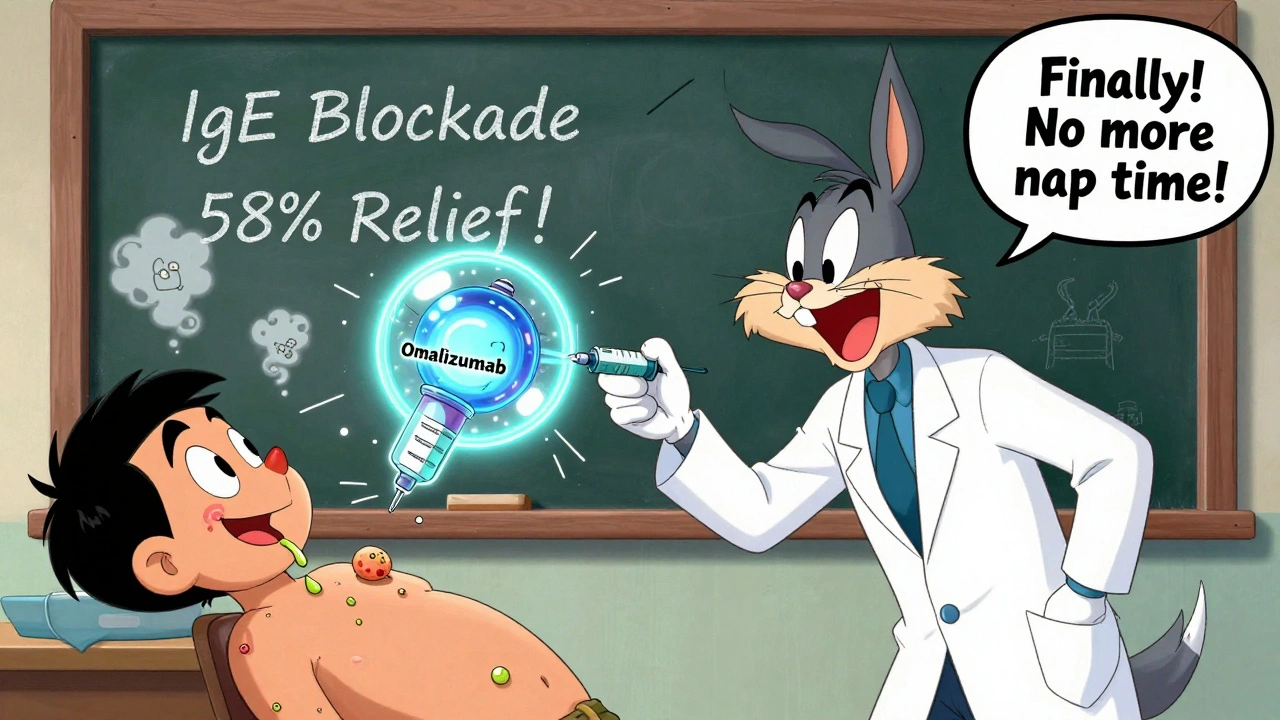 Mad scientist injecting a glowing biologic drug that makes hives vanish into smoke, with scientific diagrams in the background.