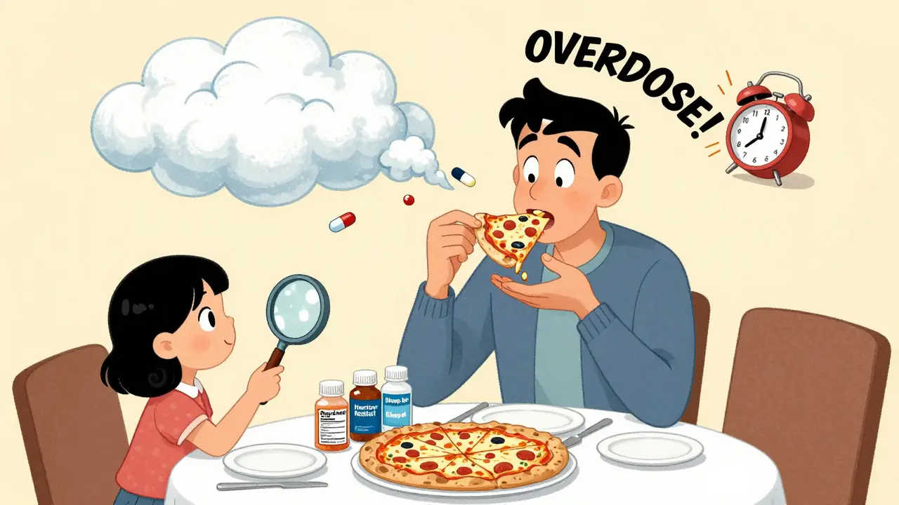 Man taking multiple OTC pills at dinner while his head turns into a drowsy vortex.