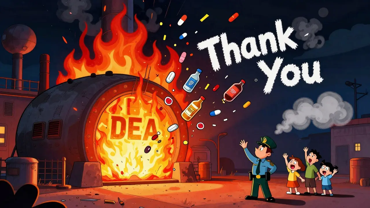 Medications being incinerated in a giant furnace with a smiling sheriff and family watching from afar.