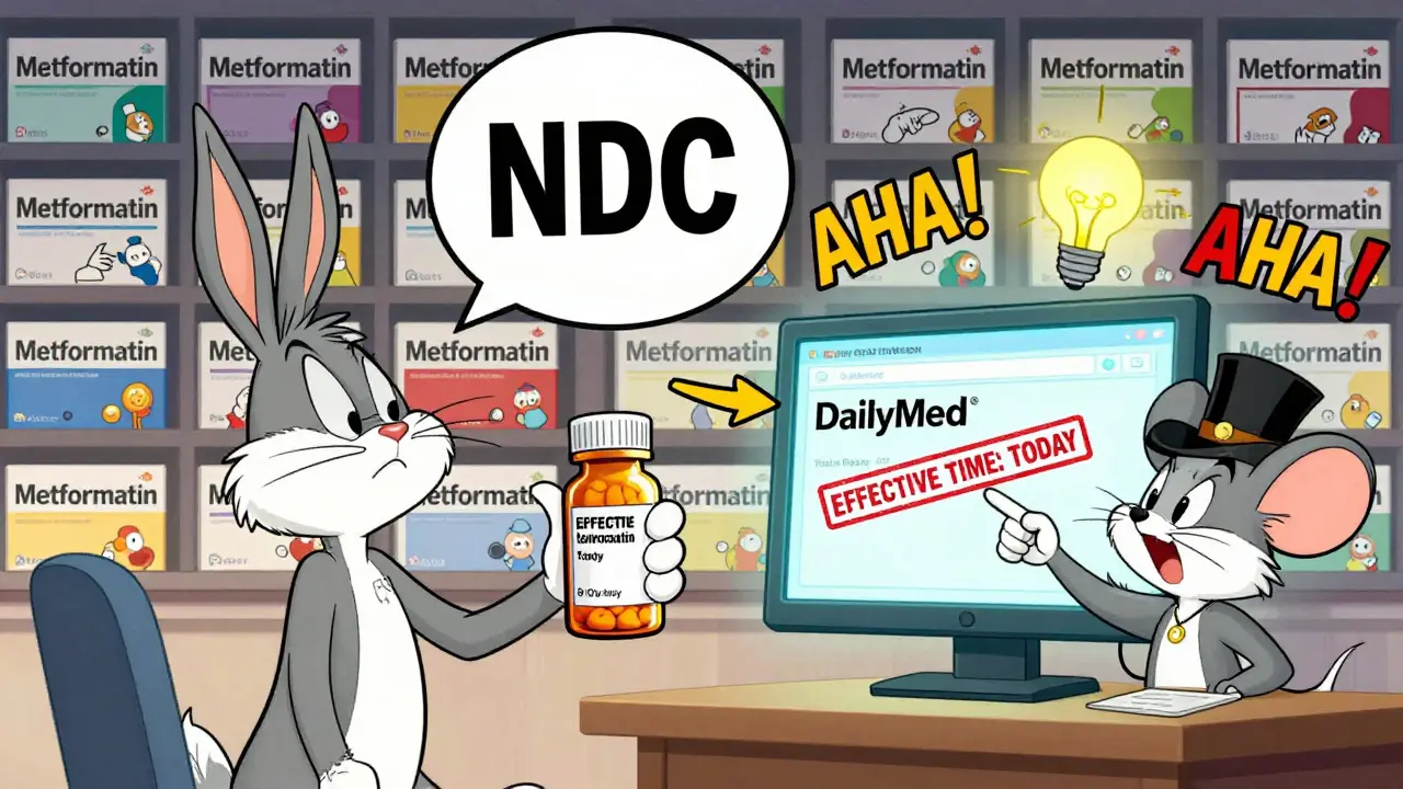 Patient holding a pill bottle with NDC code, guided by a librarian mouse to the correct DailyMed label among many drug boxes.