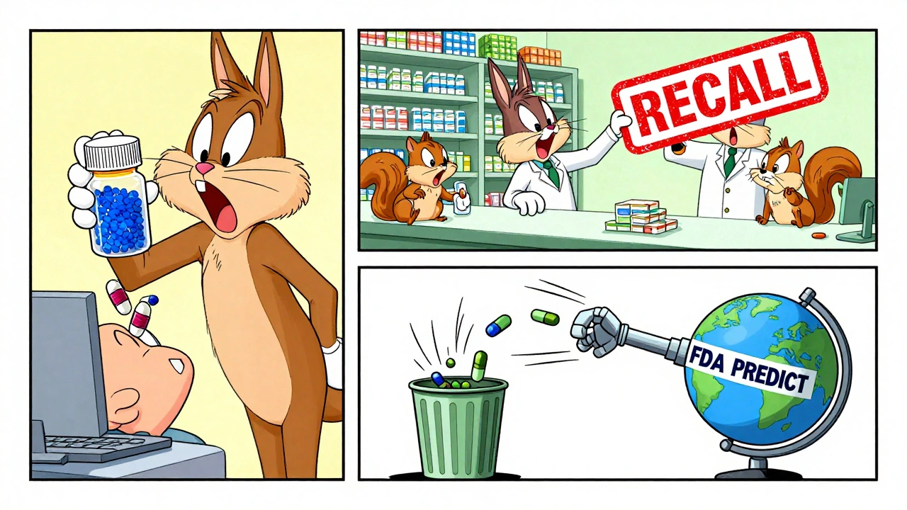 Patient spots weird specks in pills, pharmacist stamps recall, and FDA robot stops contaminated shipment.