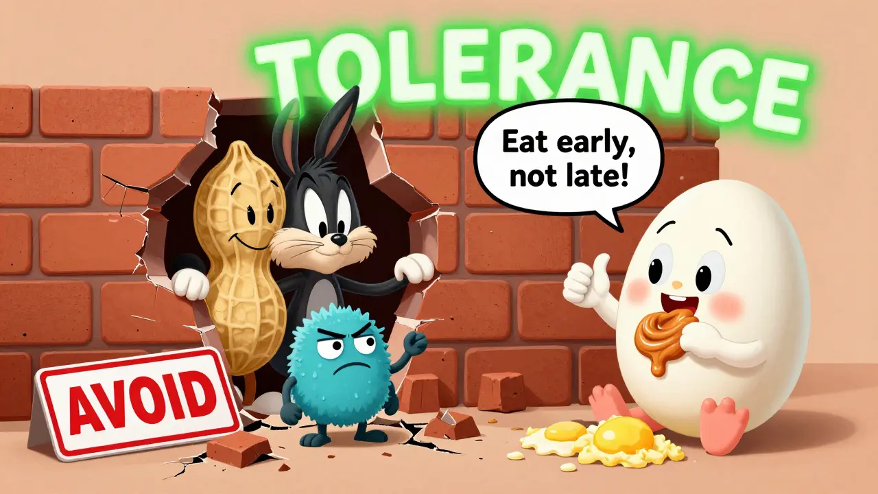 Peanut and egg characters trying to enter through cracked skin, while baby eats them safely