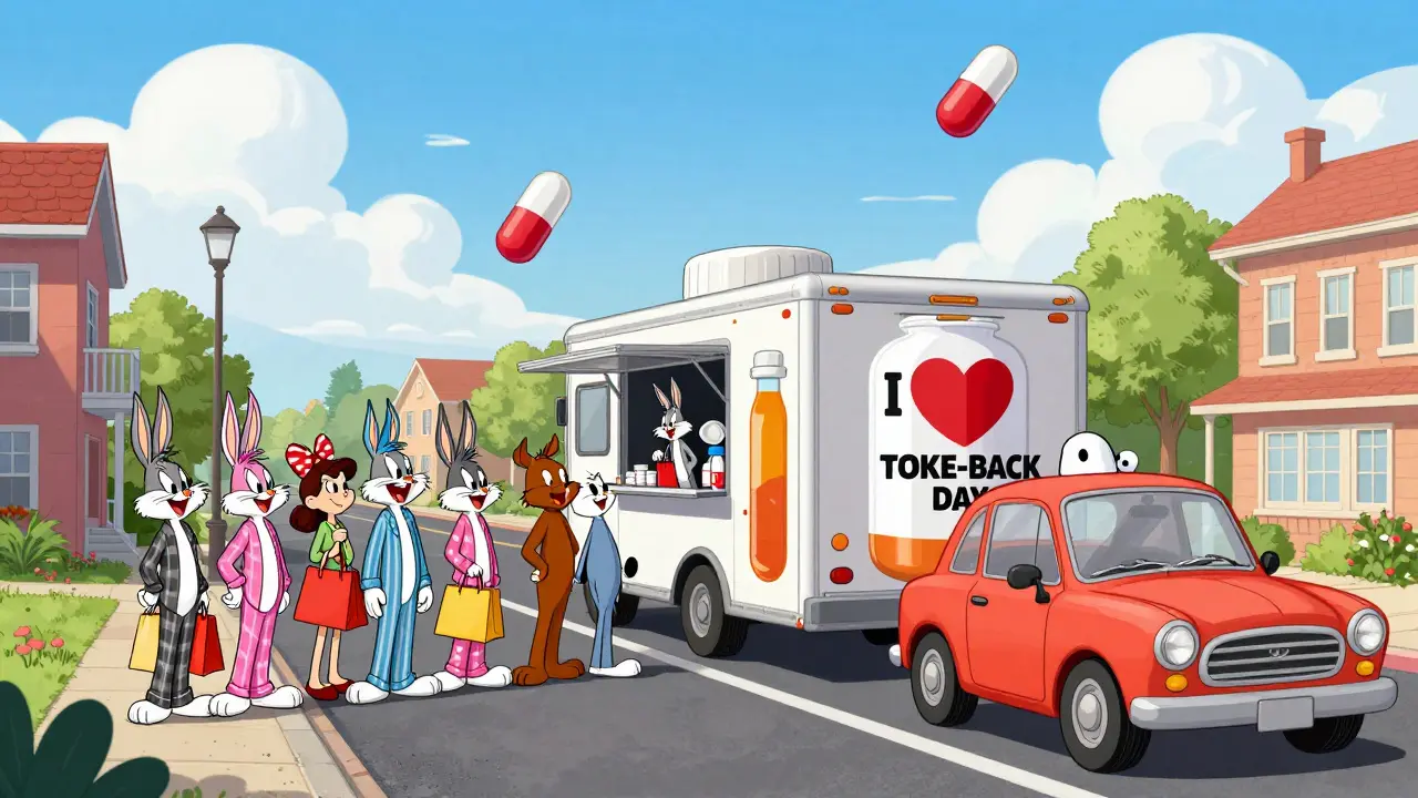 People lining up at a mobile pill-shaped collection trailer during a nationwide drug take-back day event.