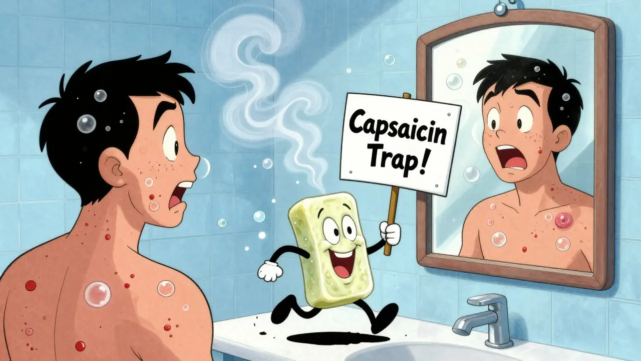 Person in shower with steam causing hives to pop like bubbles, soap bar running away with 'Capsaicin Trap' sign.