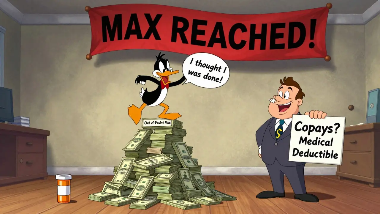 Person stacking copay bills into a tall pile labeled out-of-pocket max while medical deductible remains small.