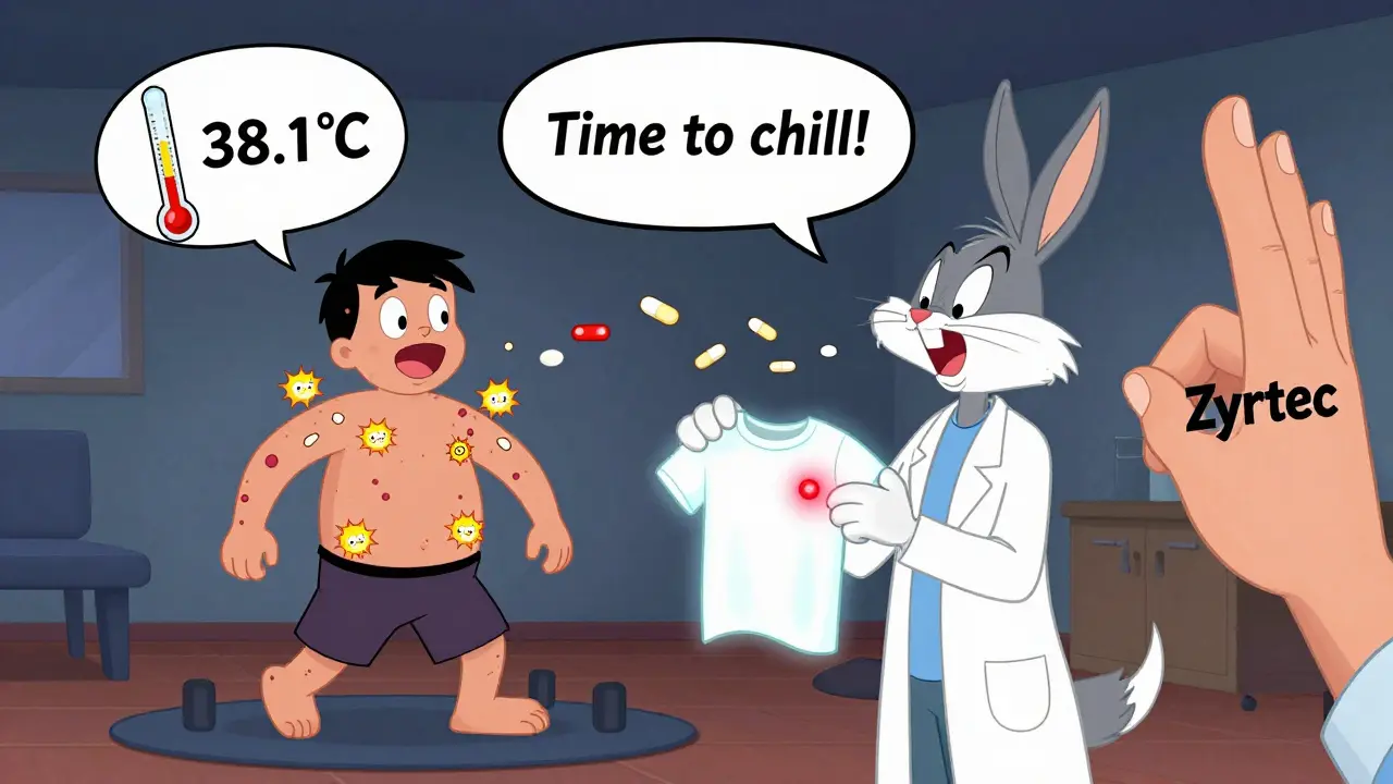 Person wearing smart shirt that alerts hives during exercise, pills flying into mouth, thermometer showing trigger point.