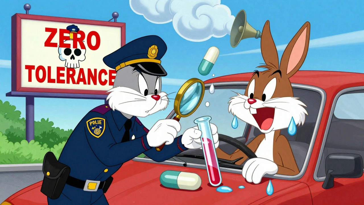 Police officer testing saliva sample as driver sweats pill-shaped droplets, billboard with skull-hat.