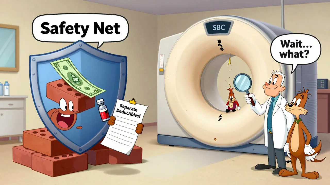 Split scene: copays building a safety net shield on one side, MRI bill shock on the other with plan document visible.