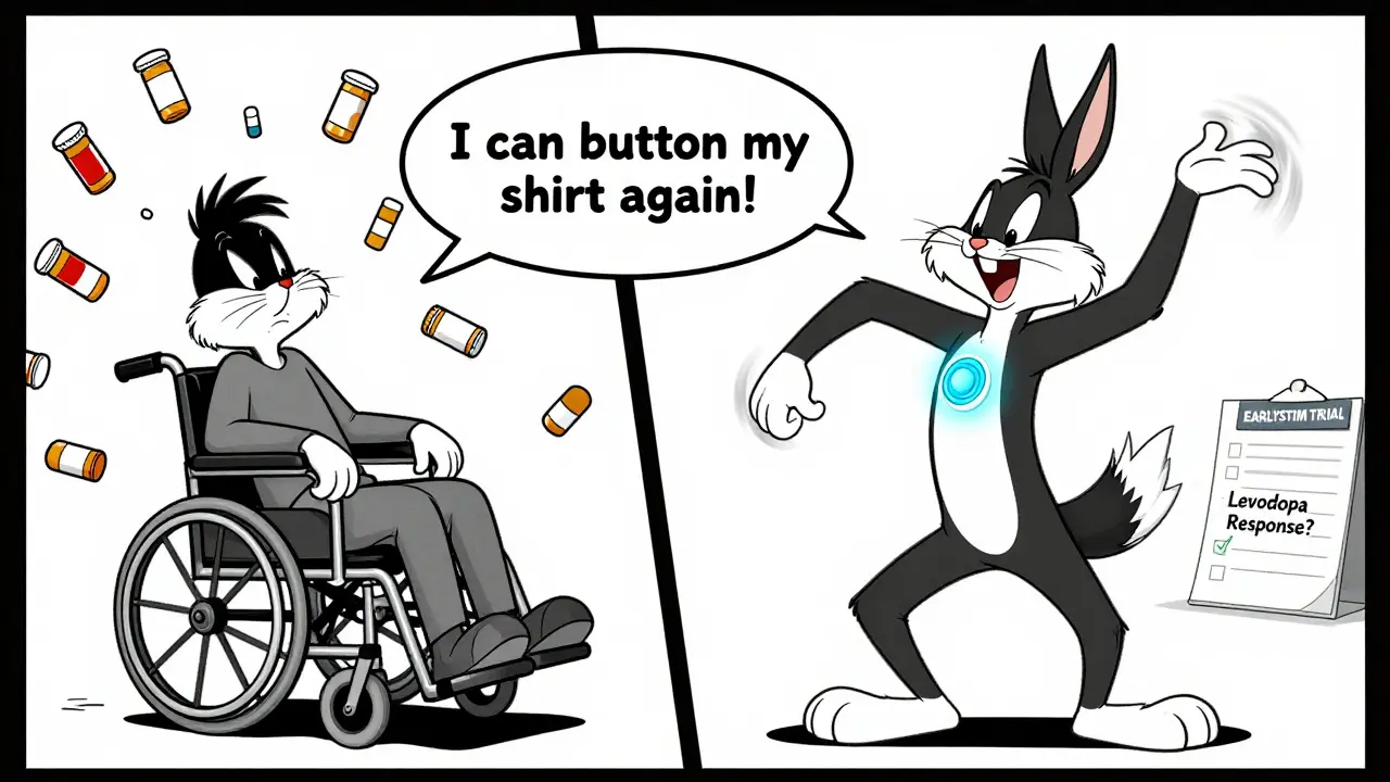 Split scene: depressed patient vs. dancing patient with glowing DBS battery, symbolizing life change.