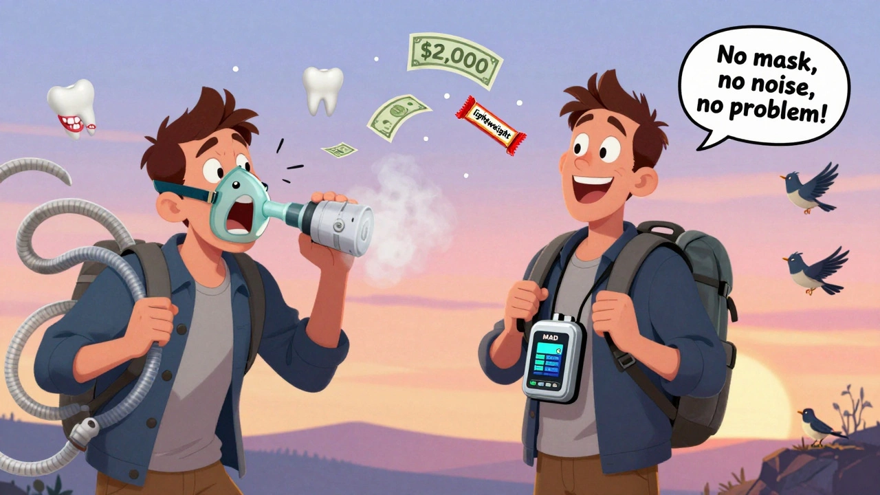 Split scene: one man struggles with a wild CPAP mask, another hikes happily with a small oral device, smiling under sunset.