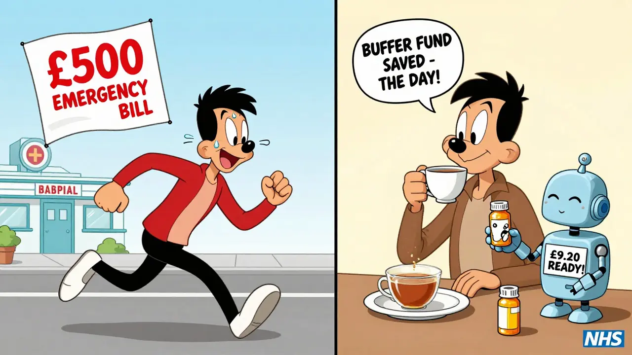 Split scene: one side shows emergency hospital panic, the other calm pill delivery with savings.