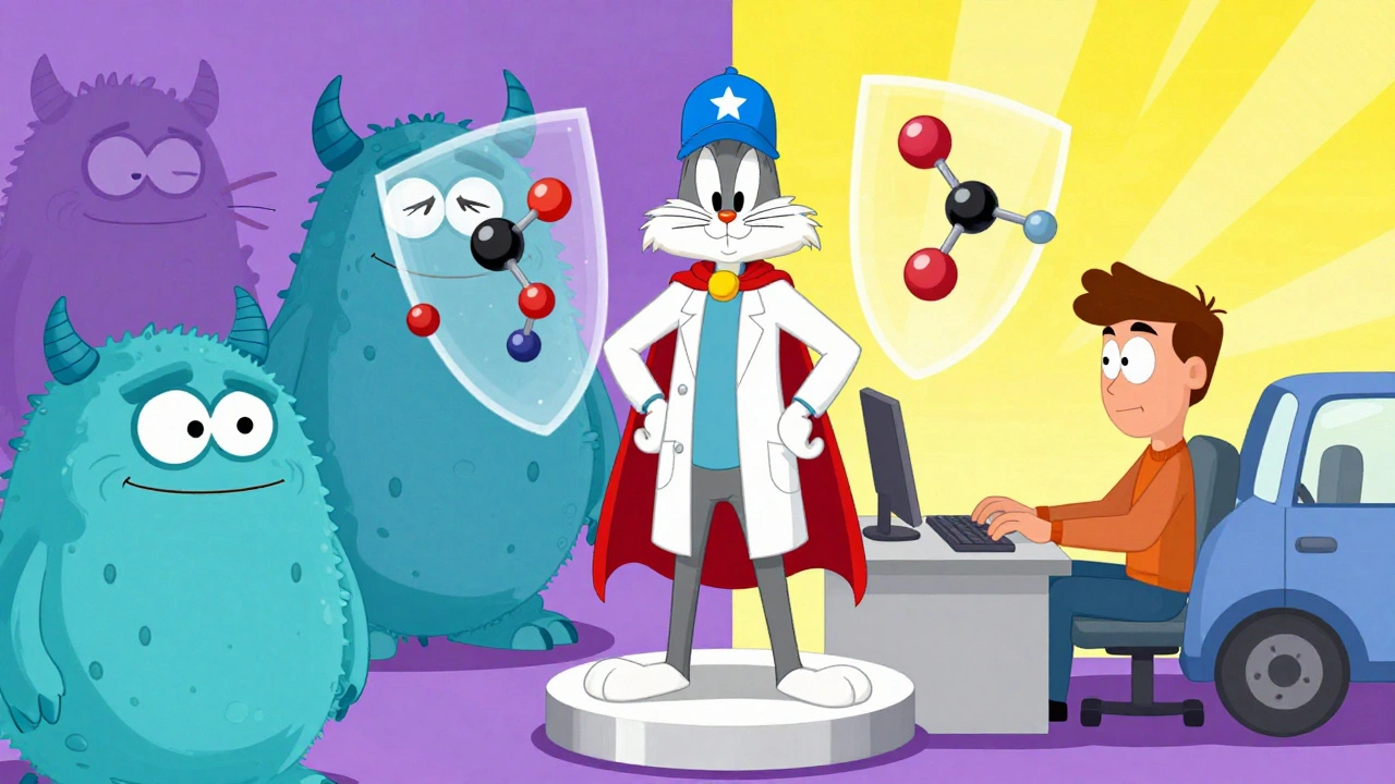 Superhero antihistamines blocking histamine monsters, protecting a calm person working and driving safely.