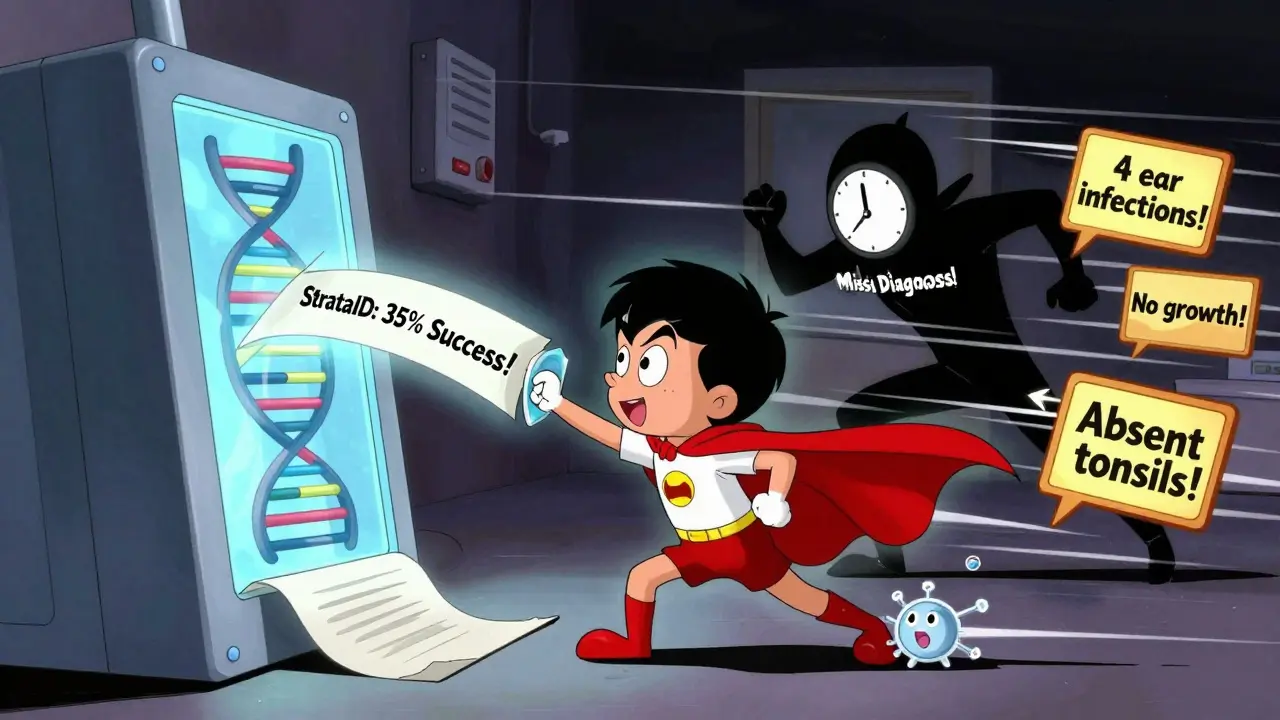 Superhero child with glowing immune cells facing a genetic sequencing machine while warning signs chase a clock-faced villain.