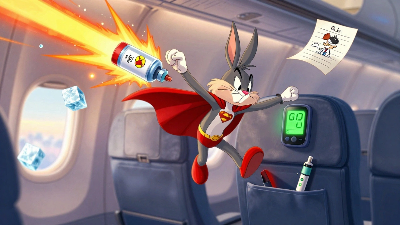 Superhero insulin vial dodging dangers to land safely in seat pocket with doctor’s note.