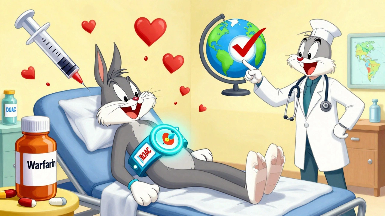 Traveler in foreign hospital with glowing medical ID bracelet, doctors pointing to a globe with checkmark.