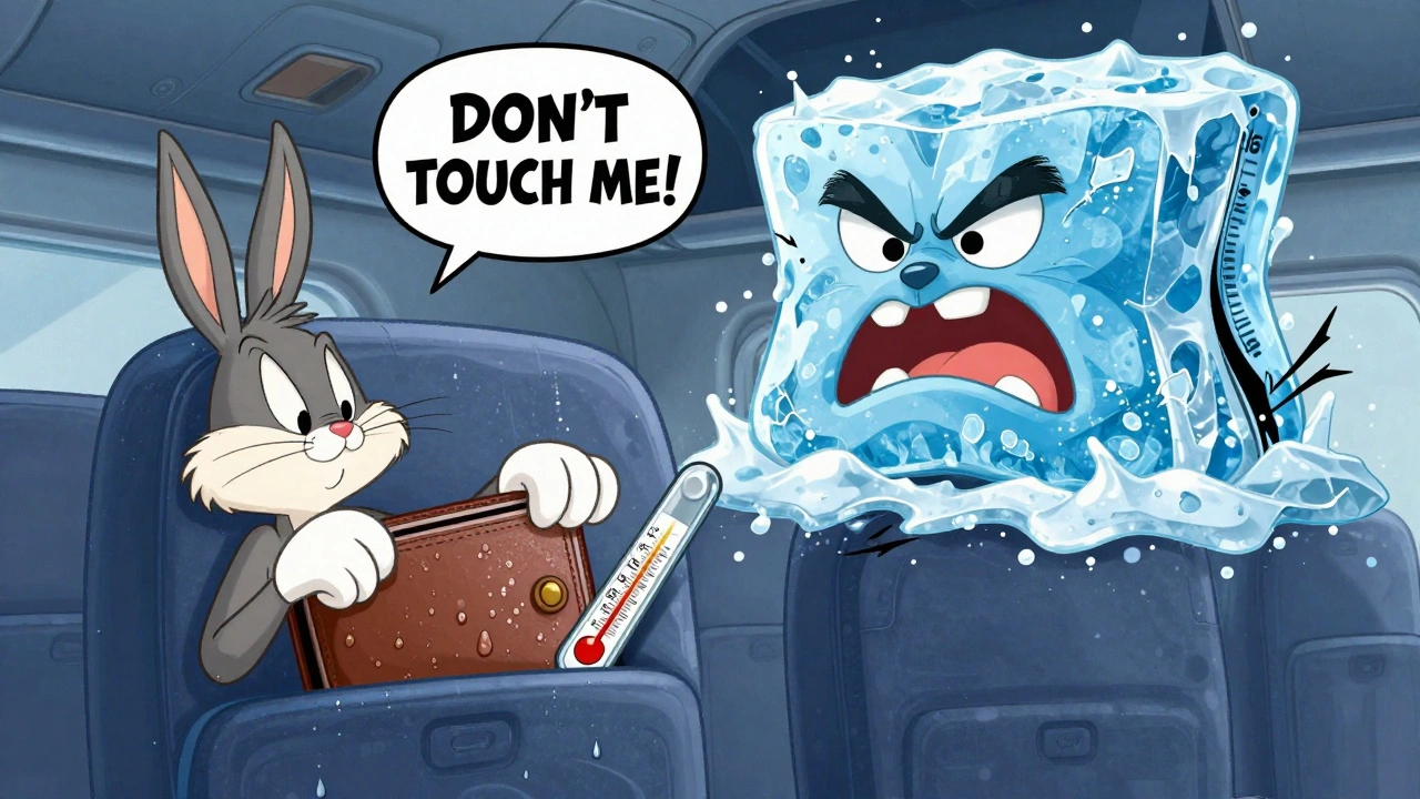 Traveler safely storing insulin in seat-back pocket with FRÍO wallet, ice pack failing above.