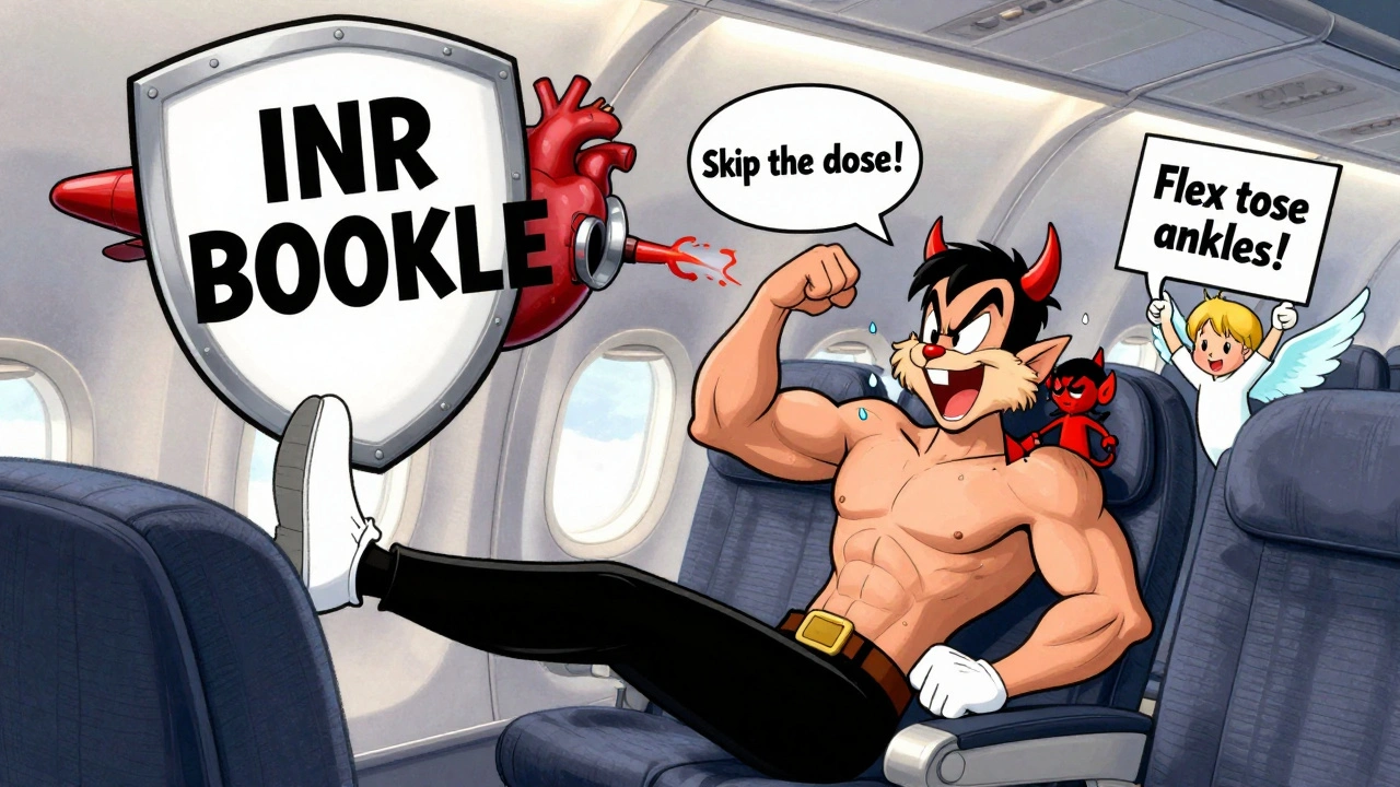 Traveler stretching legs on a plane, cartoon devil and angel arguing over medication, INR booklet floating nearby.