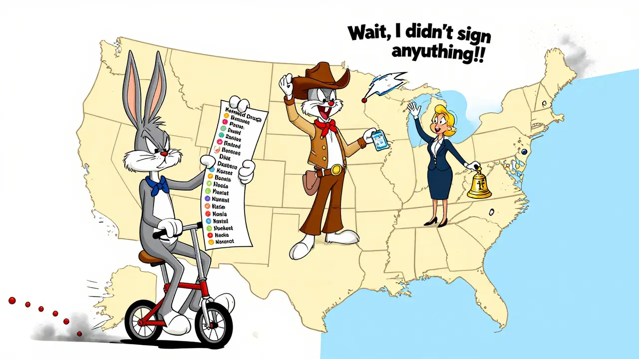 US map with states as characters: Kentucky with NTI list, Texas giving generics, Connecticut ringing warning bell