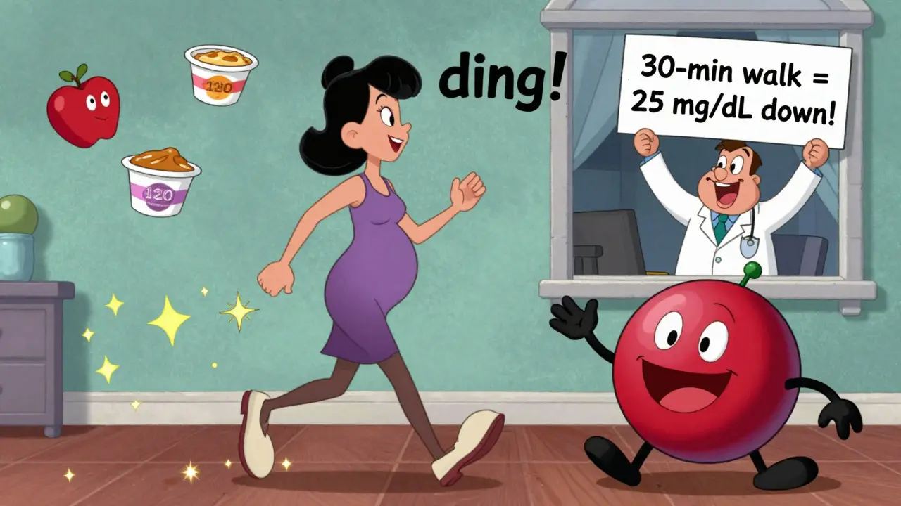 Woman walking after dinner as glucose molecule chases her, blood sugar dropping dramatically.