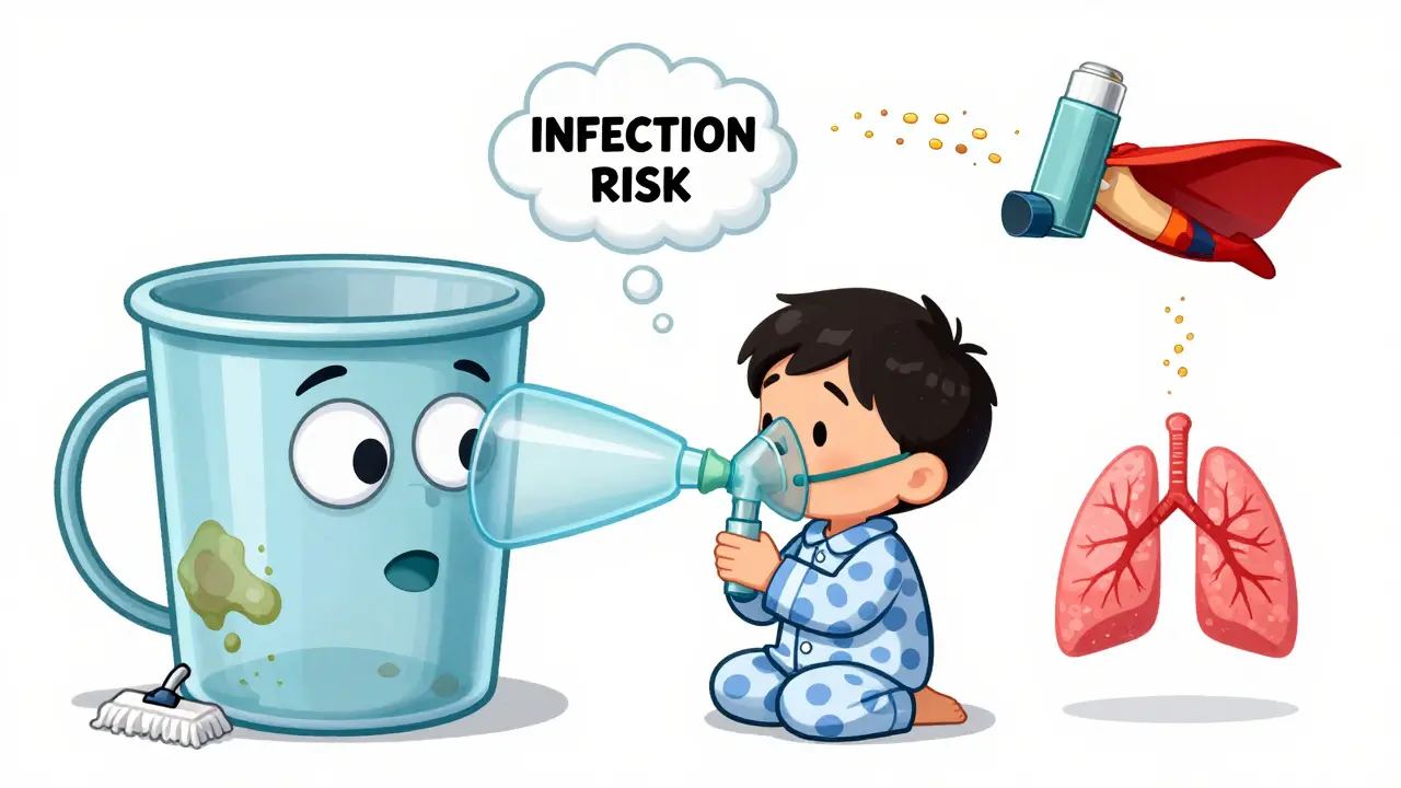 A child using a nebulizer as a moldy, sneezing machine spits out infection spores.