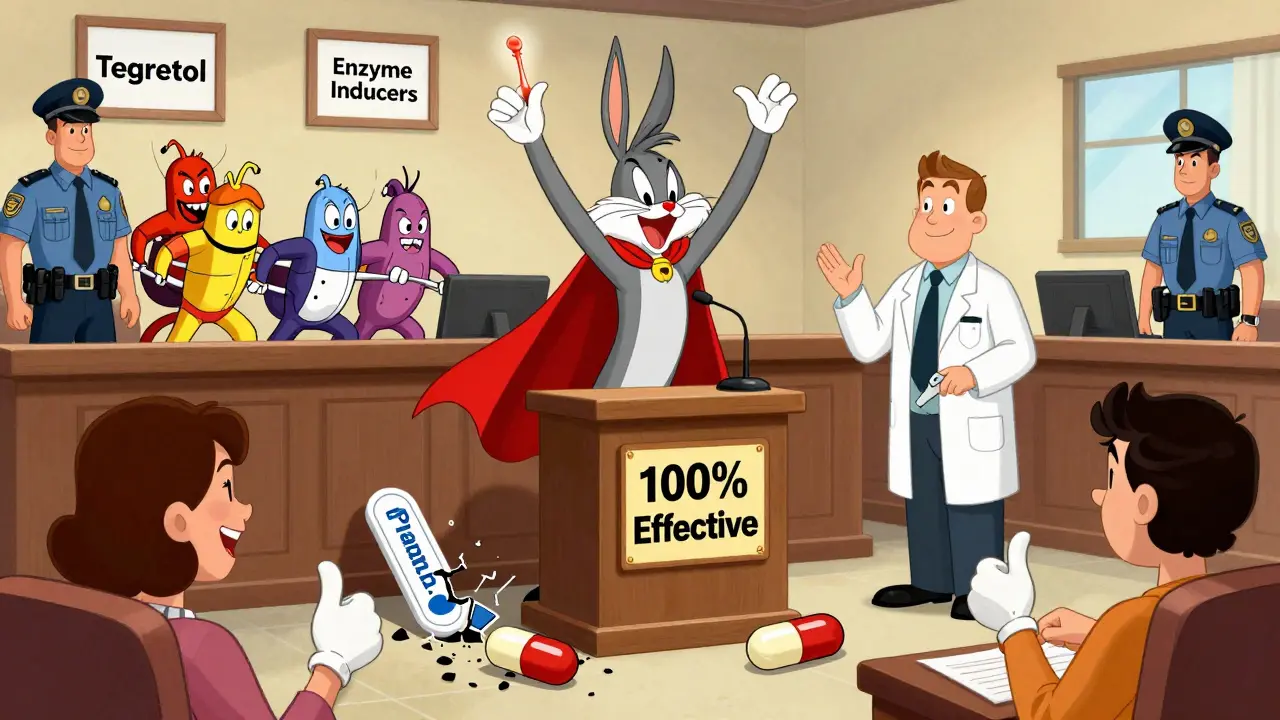 A copper IUD superhero defeats failing birth control methods in a courtroom scene.