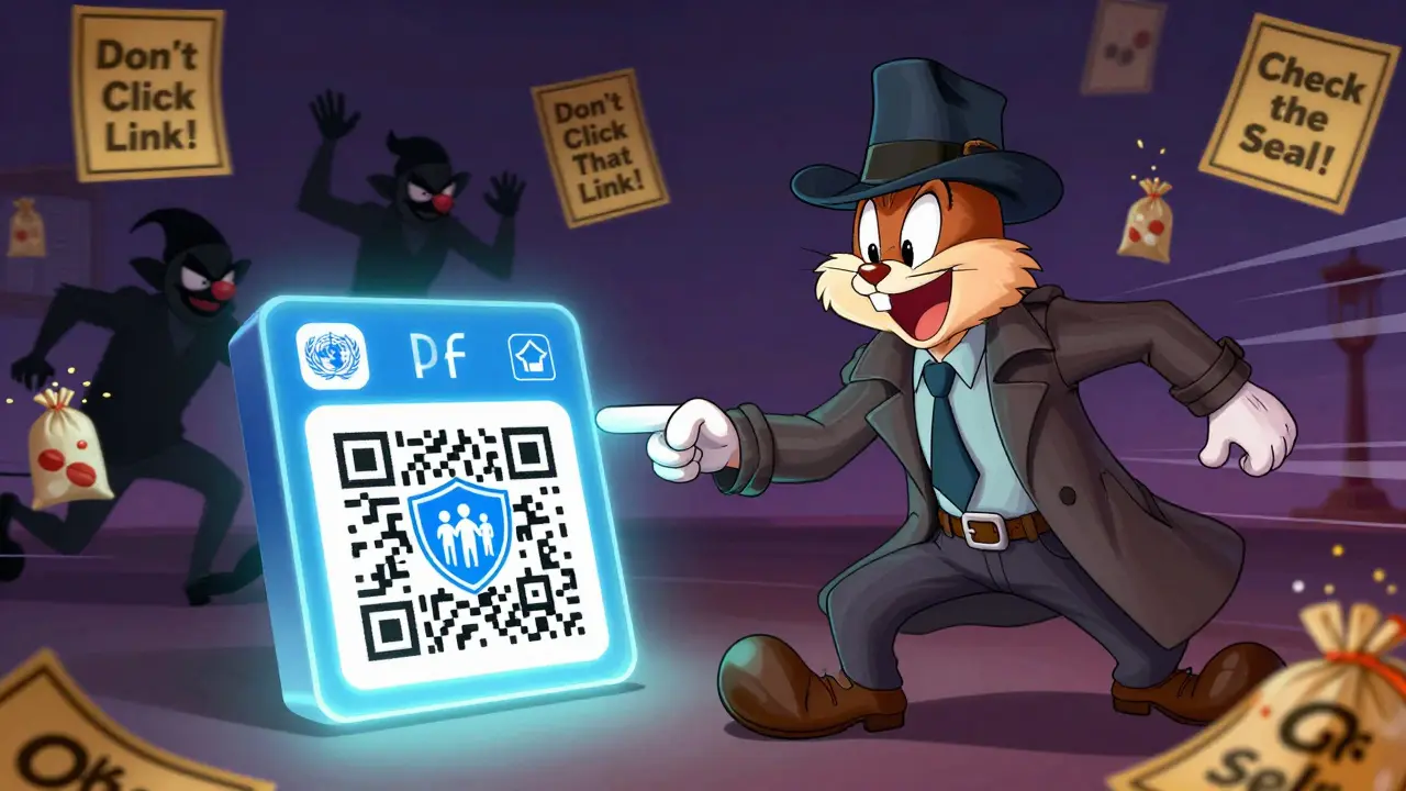 A detective-like patient scans a QR code that projects a protective shield, while counterfeiters flee in chaos.