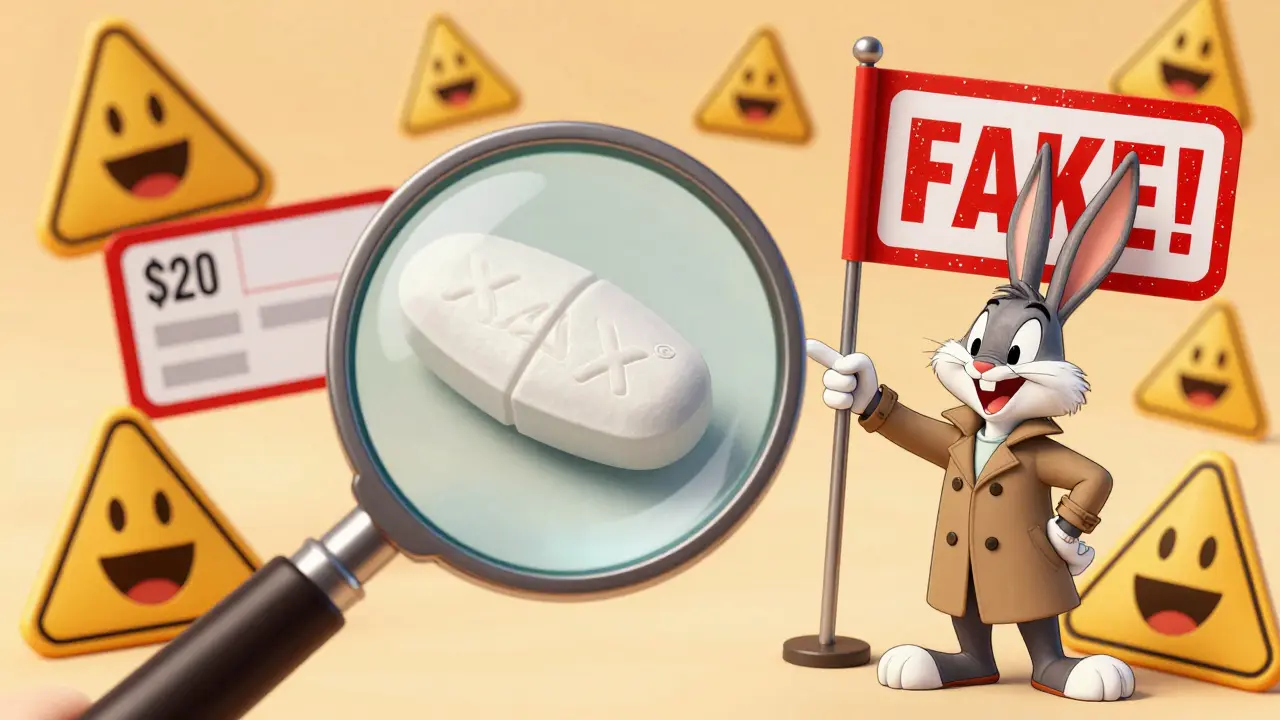 A detective rabbit pointing out red flags on a fake Xanax pill with exaggerated warnings.