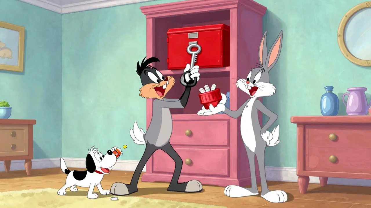 A family safely storing medications in a locked box inside a bedroom cupboard.