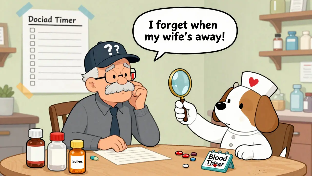 A man and pharmacist at a kitchen table reviewing pill bottles and a comic-style checklist with visual cues for medication times.