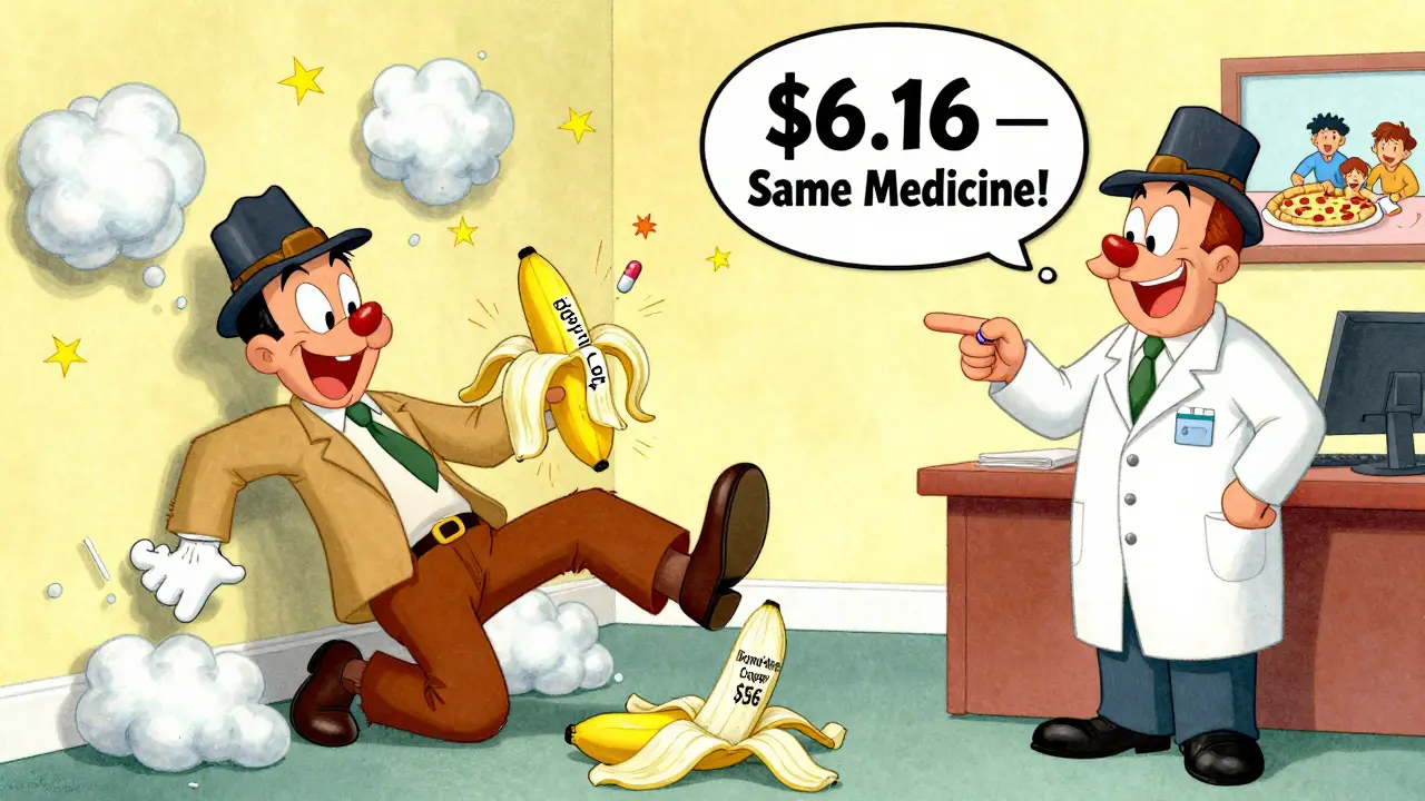 A man slips on a banana peel labeled with a high copay as a pharmacist points to a tiny, affordable generic pill.