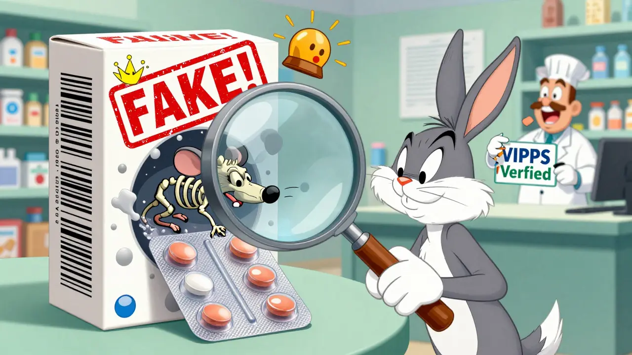 A person uses a magnifying glass on a pill that reveals a skeleton inside, with a fake barcode flashing 'FAKE!'