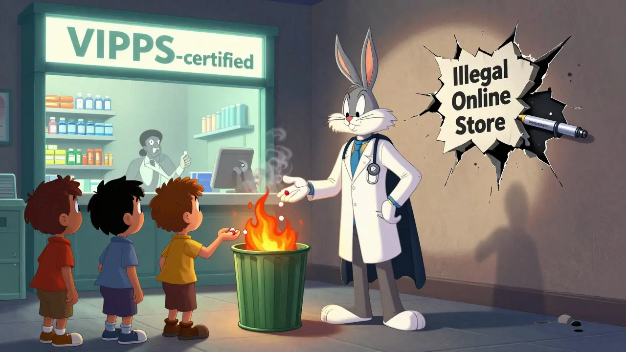 A pharmacist in a cape protecting patients from fake drugs, with a trash can burning counterfeit pills.