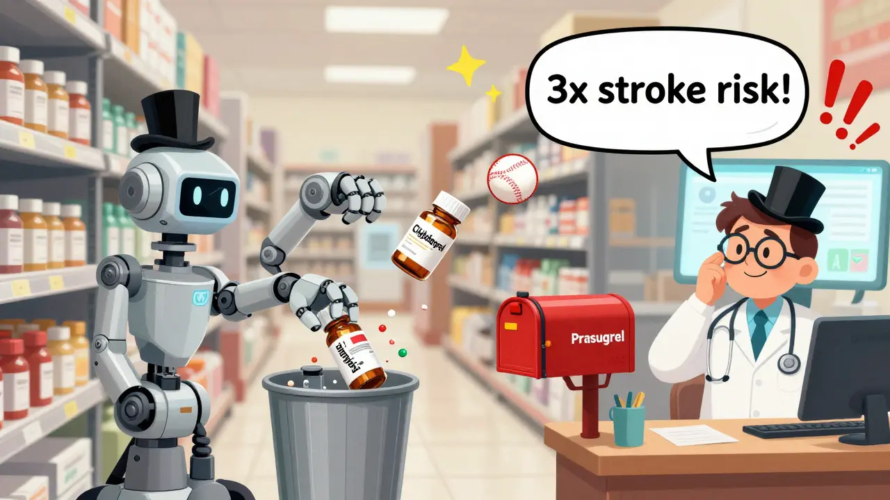 A robotic pharmacy arm tosses a wrong pill into the trash while sending the correct one to a customer’s mailbox.