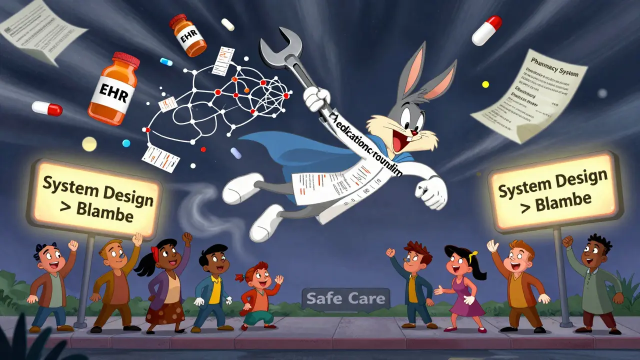 A superhero pharmacist fixing broken healthcare systems with a giant wrench, saving patients from medication errors.