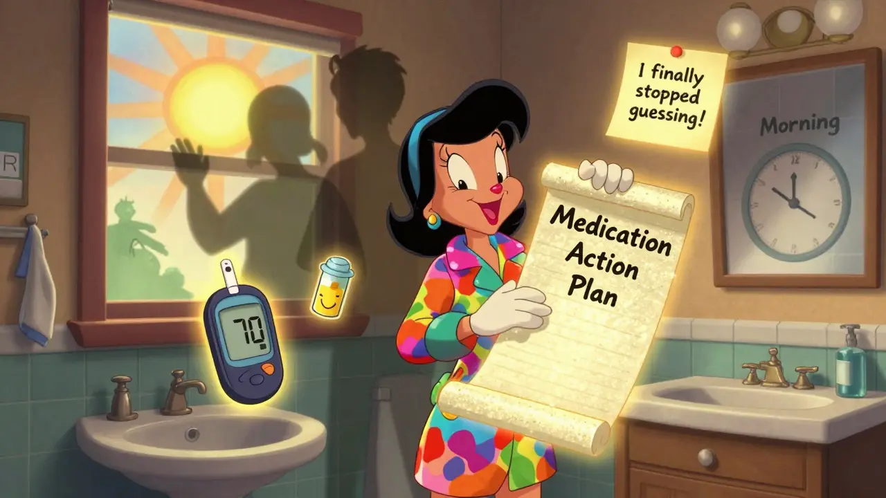 A woman holding a glowing medication plan in her bathroom, with icons showing successful dosing and fading hospital visits.