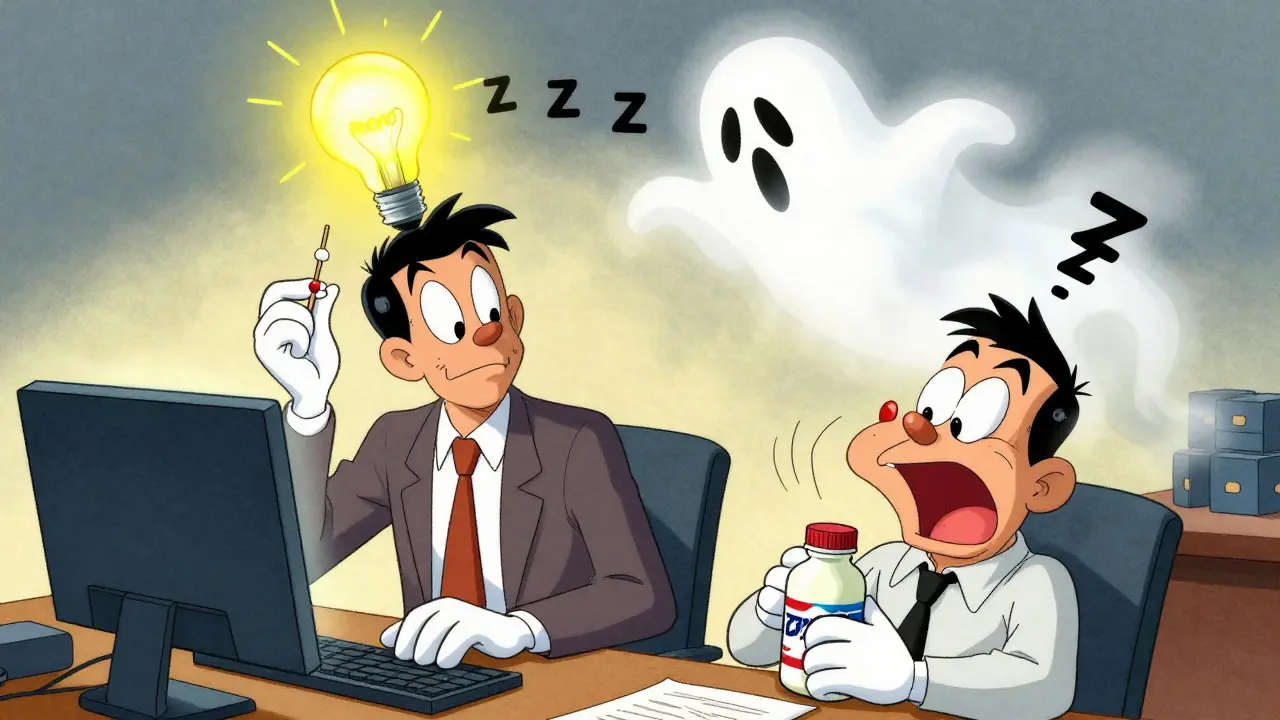 An alert worker with Xyzal vs. a drowsy coworker with Zyrtec in a Looney Tunes office scene.