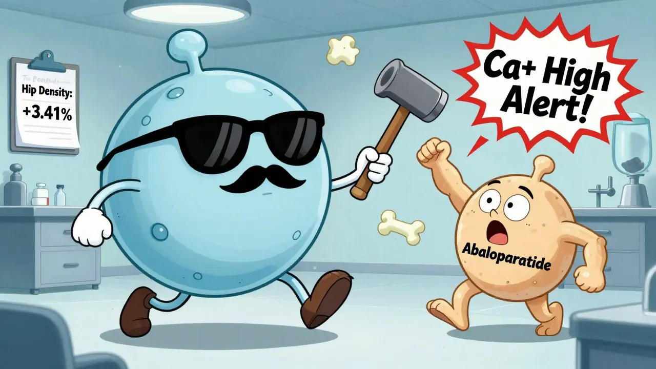 Cartoon calcium ion chased by bone cells in a lab with high calcium warning