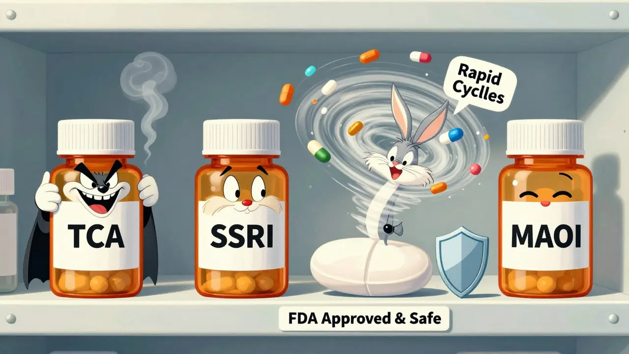 Cartoon medicine bottles on a shelf, with one safe pill standing out among wild, spinning ones.